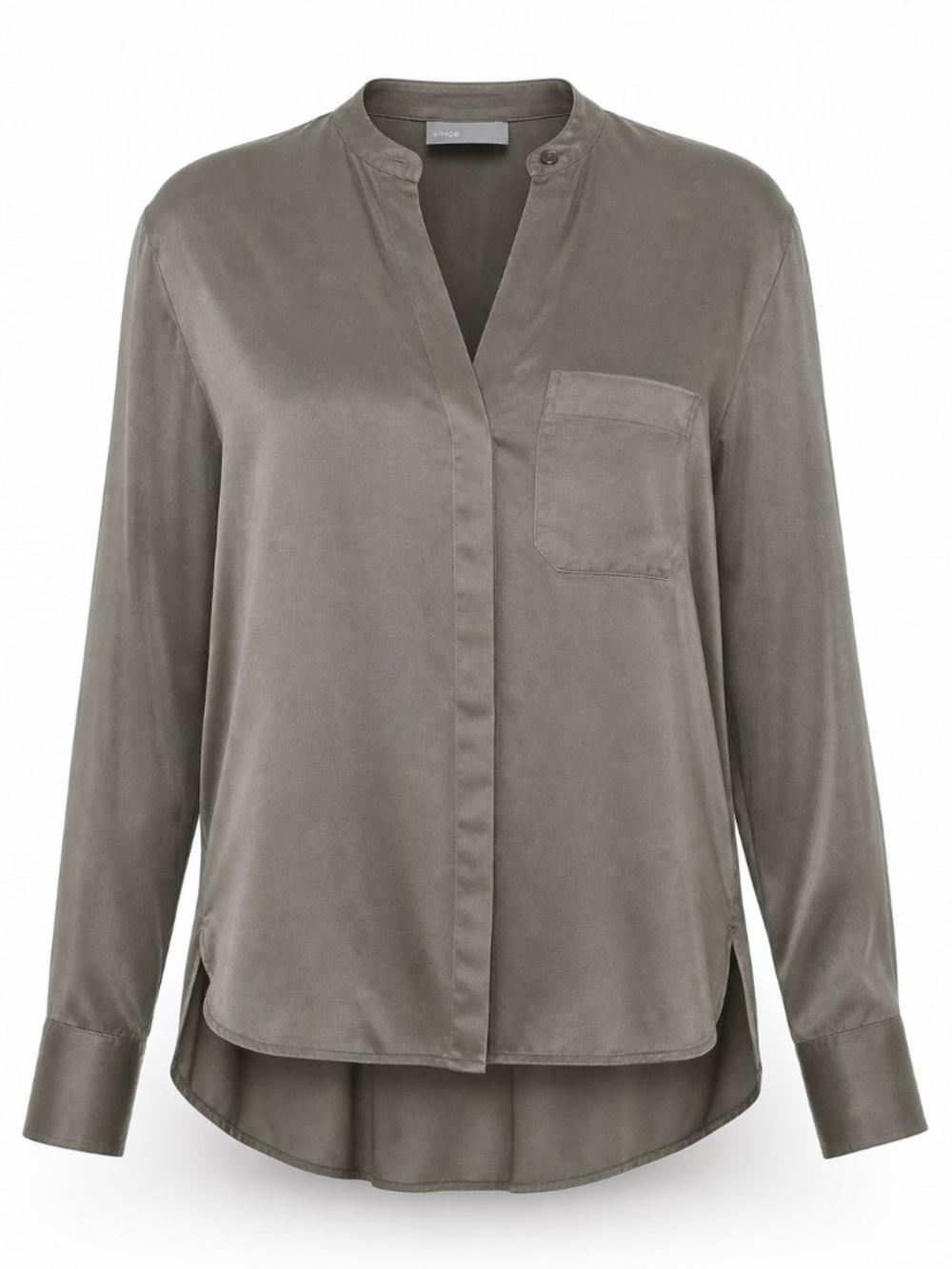Vince 100% Silk Taupe Blouse | Mandarin Collar | Size XS | Quiet Luxury